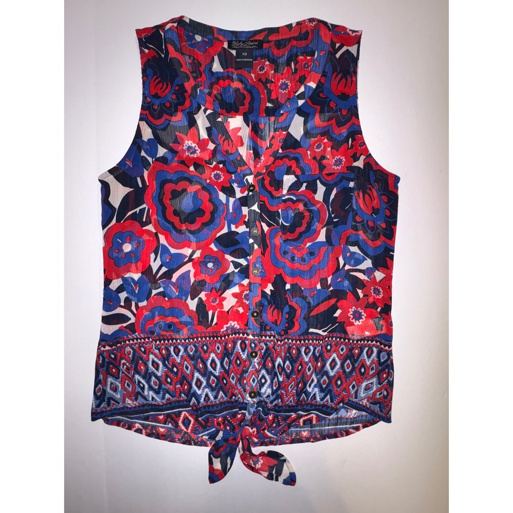 Lucky Brand Women XS Sleeveless Floral Print‎ Boho Tie Front Blouse Top